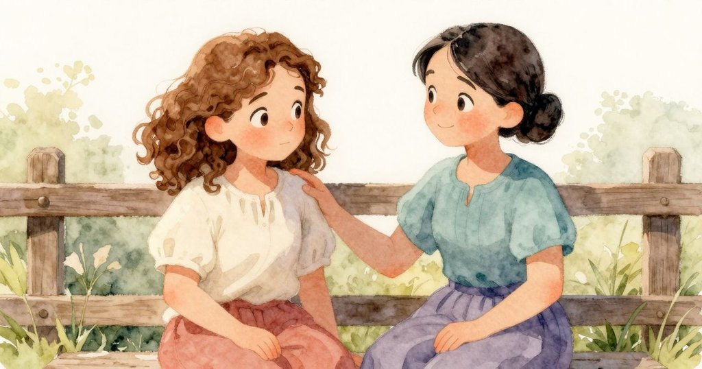 Wanda溫柔安撫Elowen,兩人在戶外木柵欄旁互動,遠處窗戶透出晨光,場景溫馨感人