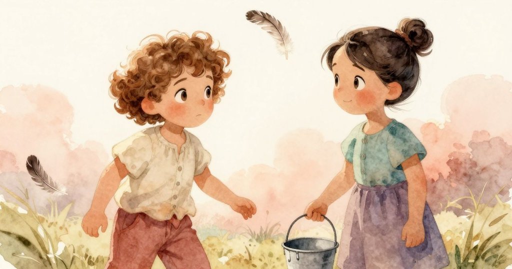 象徵畫面中,羽毛在溫暖光線中盤旋,桶子滴水緩緩落下,展現大自然中的回憶與平靜智慧