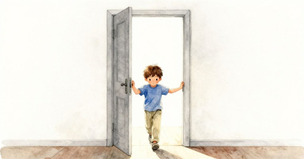 孩子穿過打開的門進入溫暖走廊，迎接柔和陽光，臉上滿是期待，細膩背景中隱約可見室內物品。