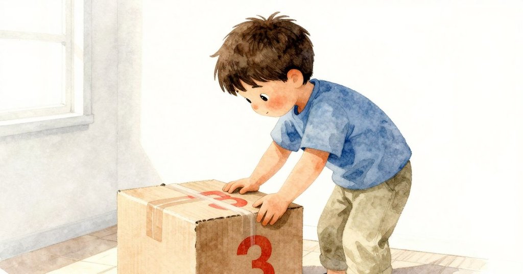 孩子彎腰觀察卡板箱上褪色紅色數字，象徵時間流逝與回憶，室內陽光柔和，情緒充滿思索。