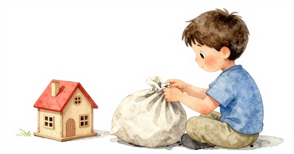 孩子從肩後望向軟布袋與小木質玩具屋，室內光線柔和，展現探索與好奇，情景溫馨細膩。