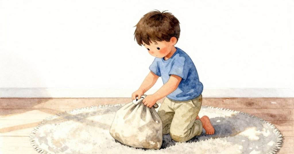 孩子在溫暖夏日光影下輕撫布袋，坐落於柔和地毯上，神情專注平靜，室內充滿暖意。