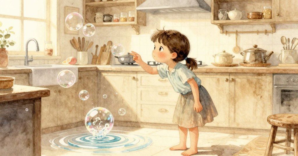 Tamsin 坐於凳上觀察廚房水龍頭滴水及泡沫飛舞,背景繁忙且生動,臉上充滿好奇與驚喜