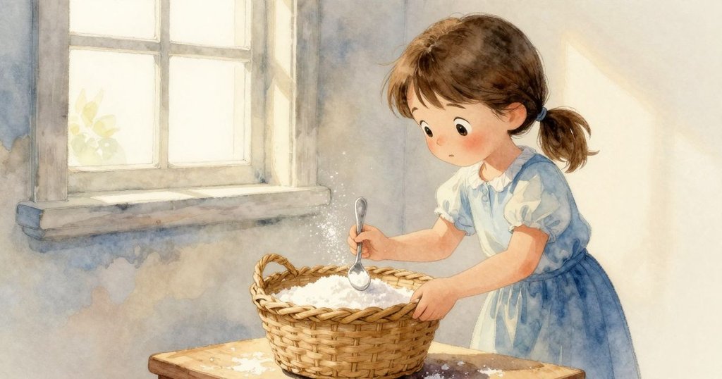 Tamsin 伸手檢視打開的編織籃,計數桌上閃爍麵粉與糖粒,光線柔和,畫面溫馨細膩