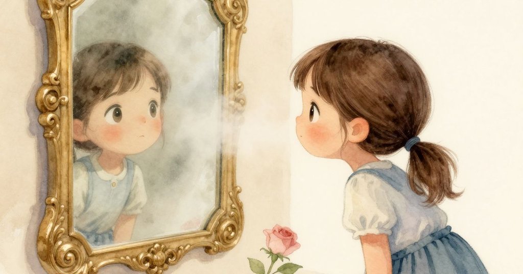 Tamsin 從背後望向覆霧鏡面,蒸氣輕輕瀰漫,模糊的倒影中透露出內心的好奇與靜謐