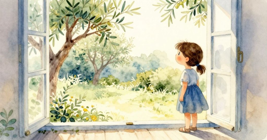 Tamsin 走向打開的窗戶,透過窗外看見陽光灑落的花園景致,室內外氛圍柔和轉換,充滿期待