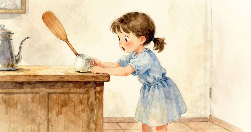 Tamsin 注視著杯子撞到木拍發出輕微聲響,臉上流露出驚訝與關注,廚房內光線溫暖