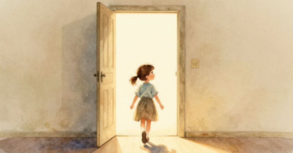 Tamsin 迎向開放的門扉,踏出新步伐,背景由廚房延伸至溫暖遠方,心中帶著寧靜與期待