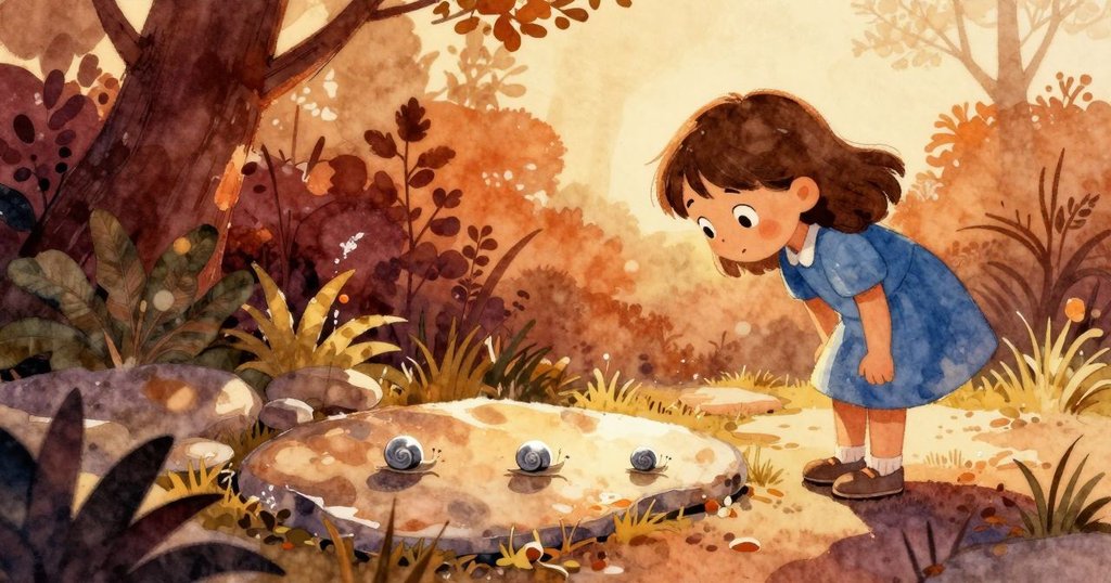 Liora彎腰在花園中觀看閃亮的石頭與銀色蝸牛跡，背景明亮，充滿好奇及期待的感覺