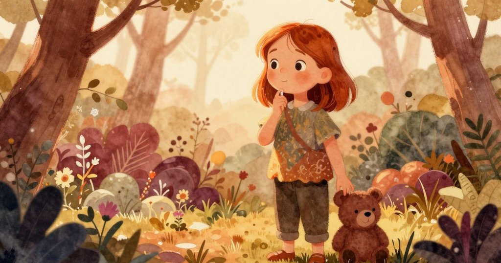 Greta捧著一本小書，旁邊的玩具熊靜靜陪伴，在花園中享受溫暖陽光和專注的神情