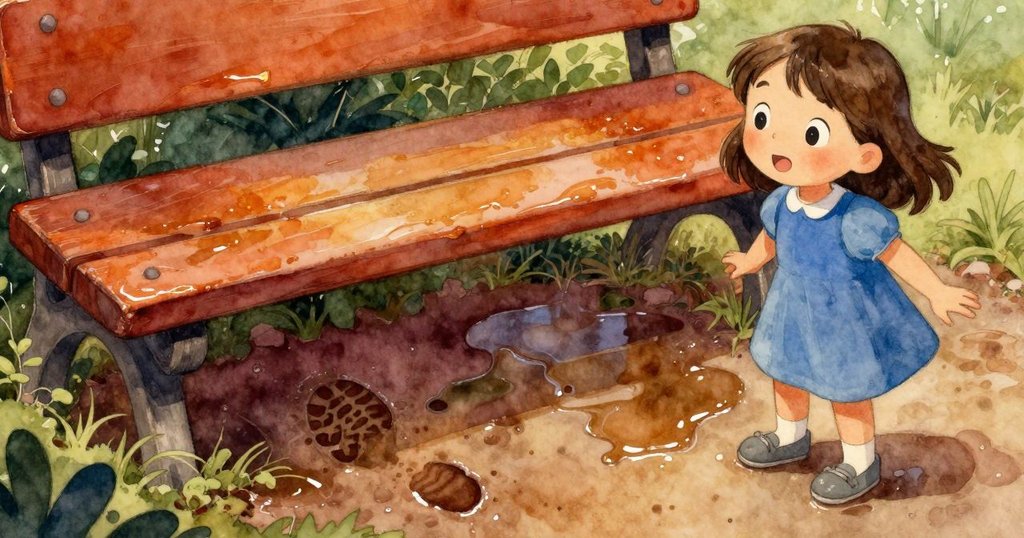 Liora側身觀察長凳下濕潤的足印，水珠閃爍，角度傾斜展現細膩好奇的情緒