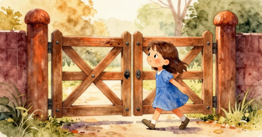 Liora走向木門，注意到門柱上的黯淡水花，地上微光閃爍，充滿探險與細膩觀察的情懷