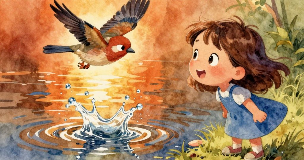 Liora仔細觀看閃亮的水花，頭頂母鳥輕飛，面帶驚奇，展現對自然細微美景的讚嘆