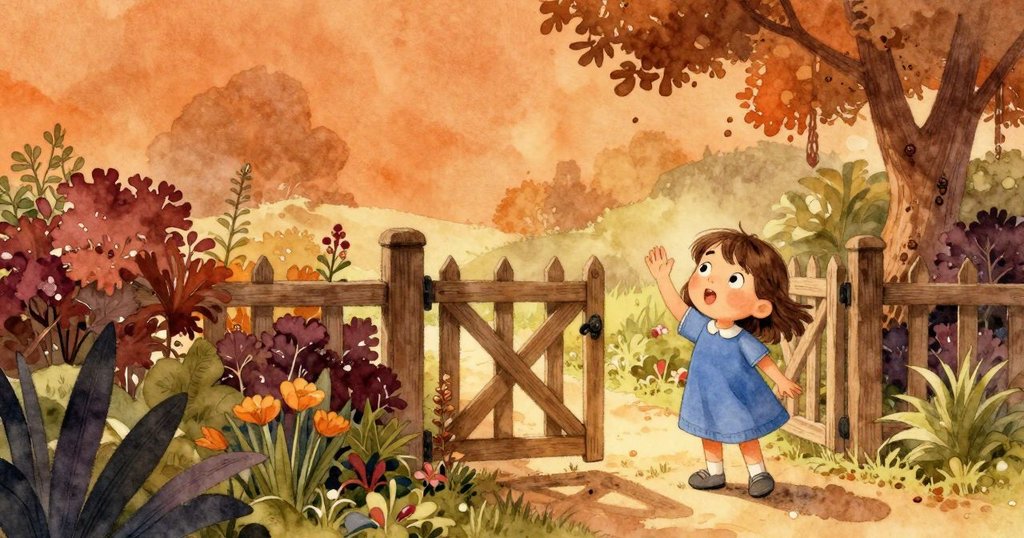 Liora在木門前揮手告別花園探險，充滿希望與期待，背景是溫暖陽光下的自然風光
