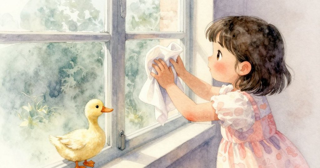 Zelma 用乾布輕拭窗戶,窗上短暫顯露清晰一隅,窗外小鴨搖晃通行,霧氣悄然回籠。