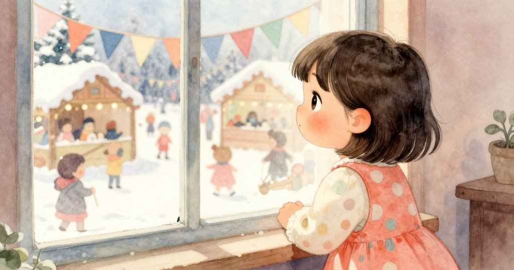 Zelma 緊貼窗邊望向外面慶典,眾人手執橫幅旗幟熱鬧非凡,音樂微弱穿透窗戶帶來暖意。