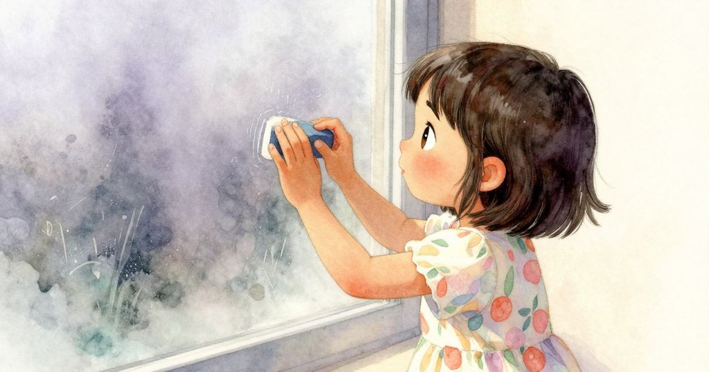 Zelma 聚精會神用橡皮擦試圖抵制窗戶霧氣回流,神情堅定,室內柔和光影中展露努力奮鬥。