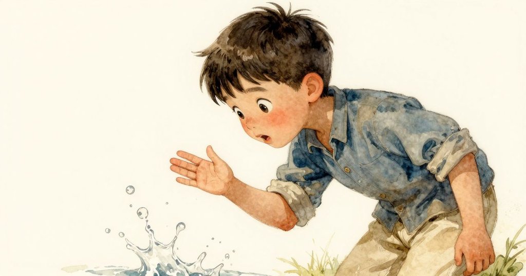 小男孩羅南凝視著水面，小卵石落水產生水花，他的臉上流露出失望與思索