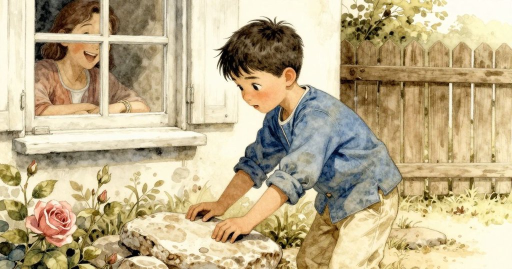 小男孩羅南在籬笆邊拾起扁石，透過窗戶看見樓梯上的大人微笑，畫面充滿溫馨互動
