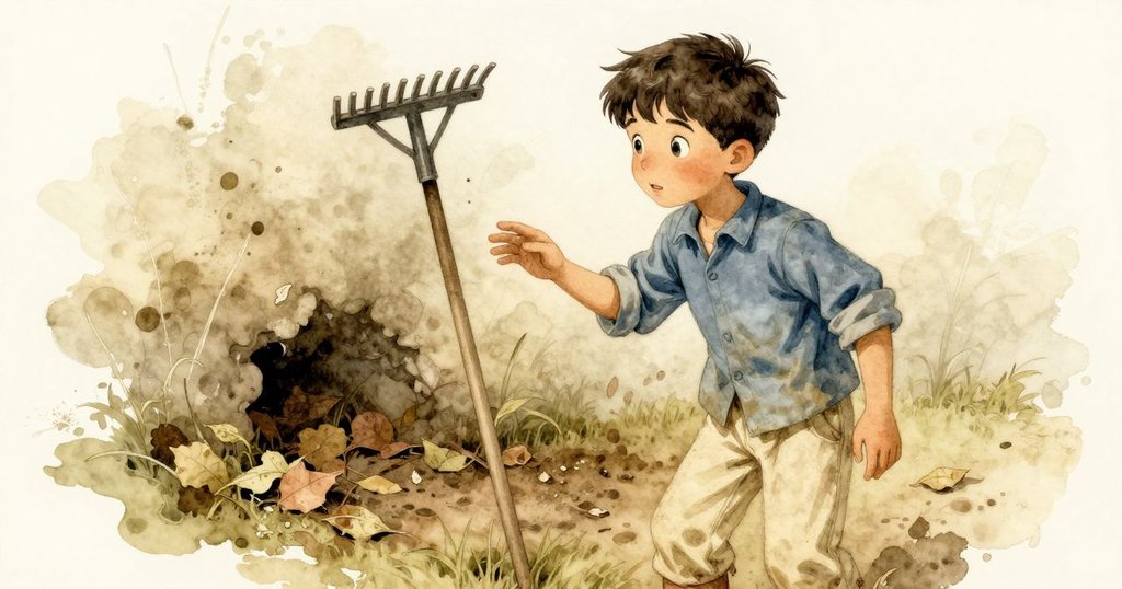 小男孩羅南向籬笆邊的耙子點頭示意，背景隱現落葉與泥跡，隱藏區域營造神秘氣氛