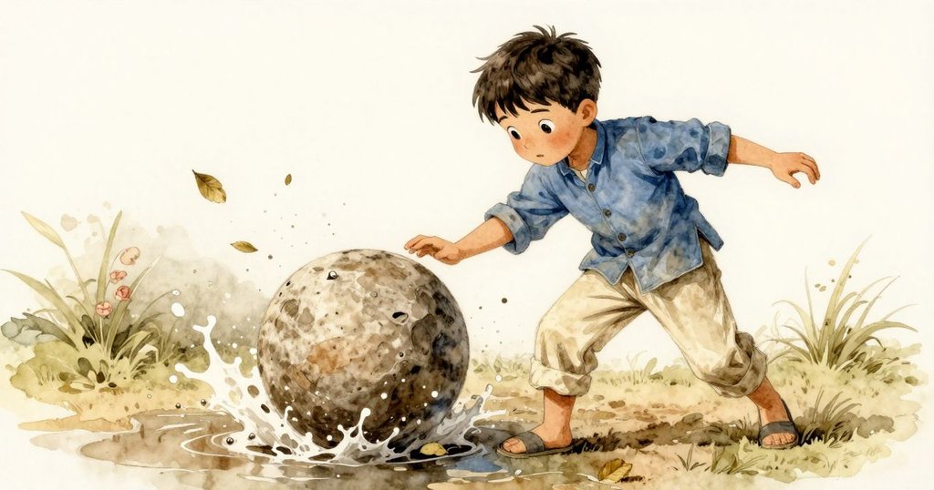 小男孩羅南推動重石向水坑滾動，激起飛濺的水花與旋轉的落葉，充滿動感與力量