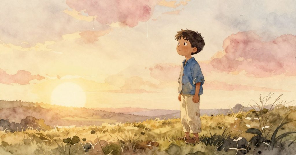 夕陽下，小男孩羅南與大人共享微笑，屋頂水滴緩緩滴落，水坑映出溫暖夕光，寧靜中預示未來冒險