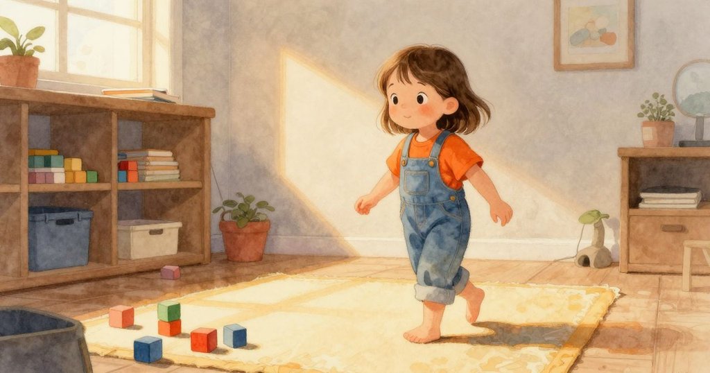 梅芙站在柔軟地墊上,靠近放積木的架子,晨光灑入房間,充滿平靜好奇的情緒。