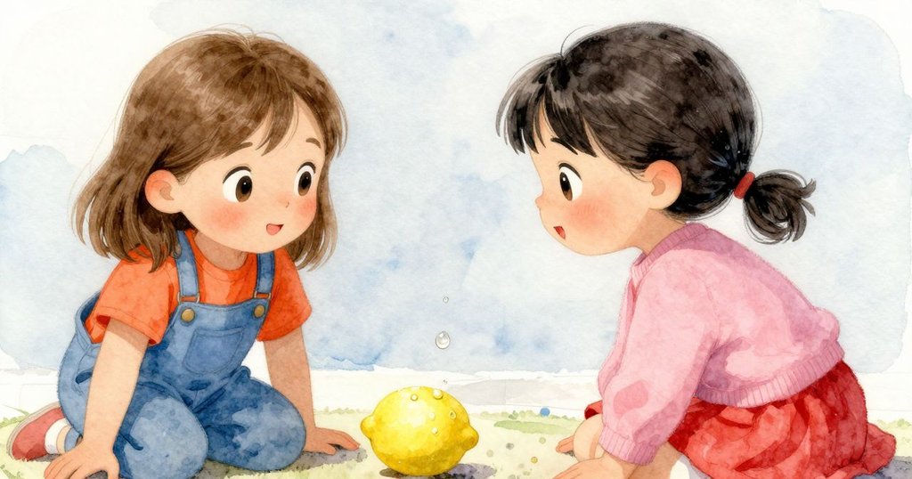 梅芙發現地墊上一處濕潤暗色斑點,旁邊有鮮艷檸檬玩具,水滴映出微光,畫面細膩生動。