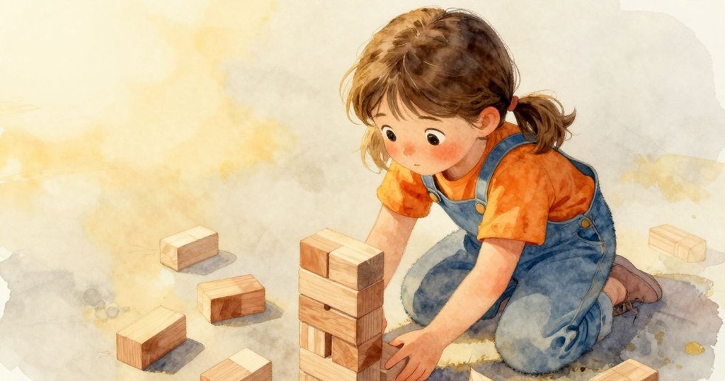 梅芙蹲下仔細觀察高高積木塔下的秘密,俯視角展現晨光房間與積木散落場面,充滿探索情懷。
