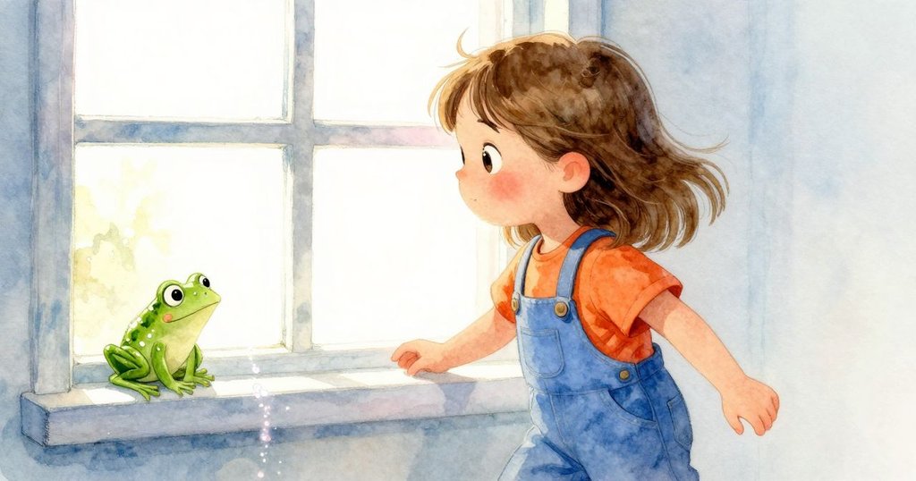 梅芙沿著閃亮水跡移向窗邊,窗外晨光映照綠色塑料青蛙,滴珠閃爍,室內氛圍溫暖柔和。