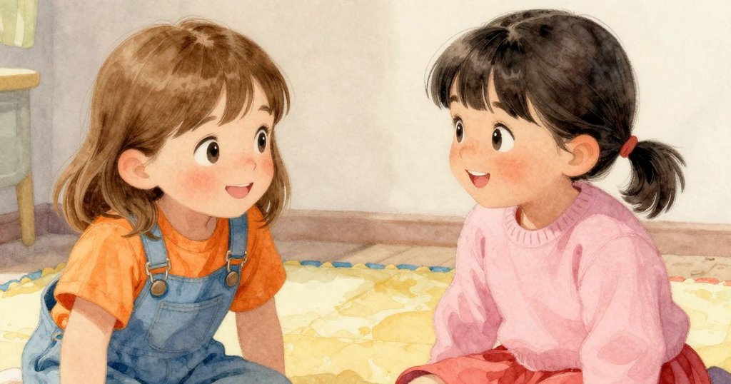 梅芙與蘭娜在柔軟地墊上平靜休息,臉上流露滿足與喜悅,室內環境溫暖寧靜,結束美好一天。