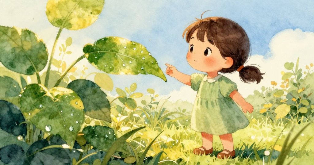 布萊斯在清晨花園中輕輕觸碰覆有露水的綠葉，面帶好奇，迎接新一天的晨曦。