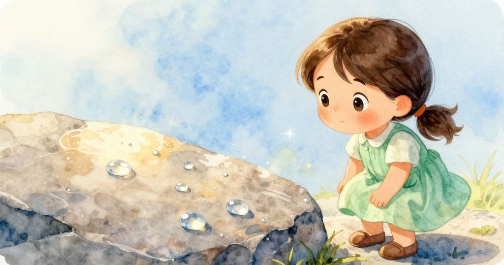 水珠在石頭上緩緩滾動，內部閃爍著小小光芒，展現出晨光中自然魔法的細節。
