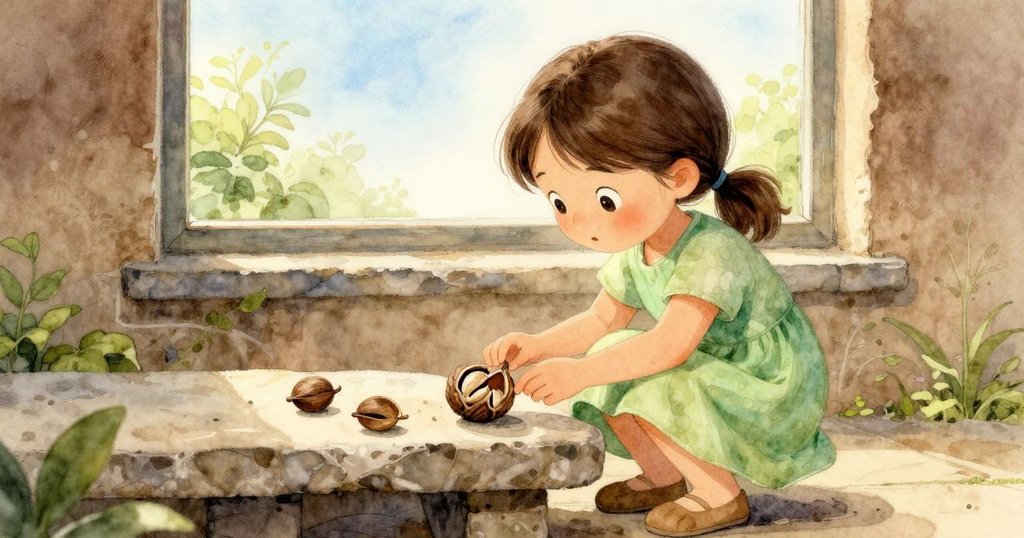 布萊斯走進小院，用手指輕輕觸碰敞開的種子莢，庭院中充滿溫柔晨光與探索氣息。