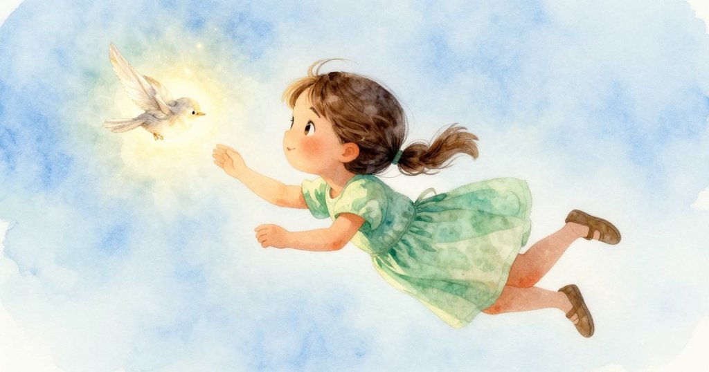 在朦朧晨霧中，一縷輕柔願望緩緩上升，鳥兒帶著好奇傾頭觀看，一根蒼白羽毛悄然飄出。