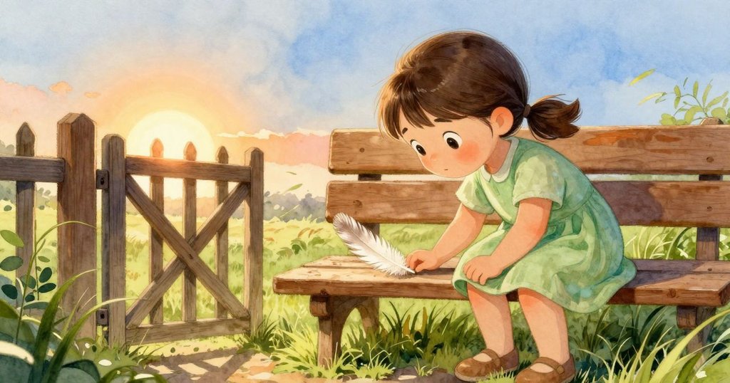 布萊斯在花園木凳旁輕推羽毛，微風將羽毛送過開放的門縫，彎曲的草隨風起舞。