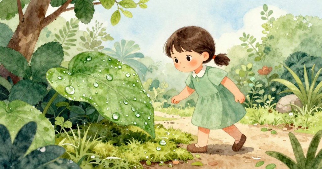 布萊斯回到濕潤的葉旁，看著閃亮的露珠滑入翠綠苔蘚，庭園展露出嶄新的希望與旅程。