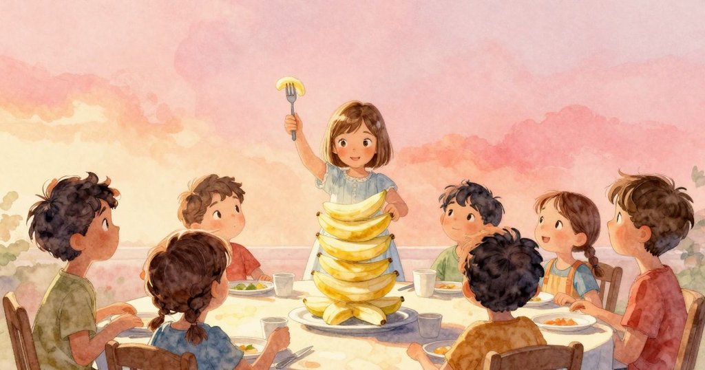 哈勒在晨光中，站在桌邊用手扶穩傾斜積木塔，塑料叉和香蕉片在動作中，背景明亮溫暖