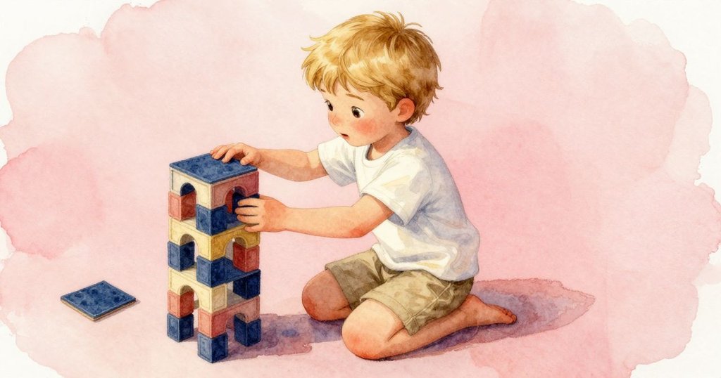 比奇從高處俯視，跪於軟墊上專注調整氈草墊，使積木塔趨於穩定，環境充滿柔光