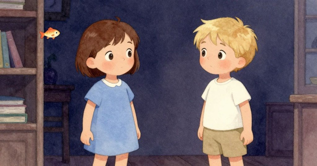 房間隱秘角落中，玩具魚從書架上輕輕跌落，背景陰影中閃爍著溫暖光線，暗示冒險轉折