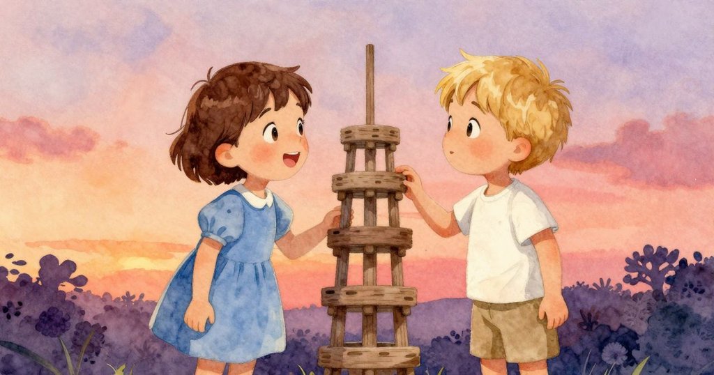 哈勒與比奇在穩定的積木塔旁歡欣對視，室內溫暖光線中笑容滿面，慶祝成功時刻