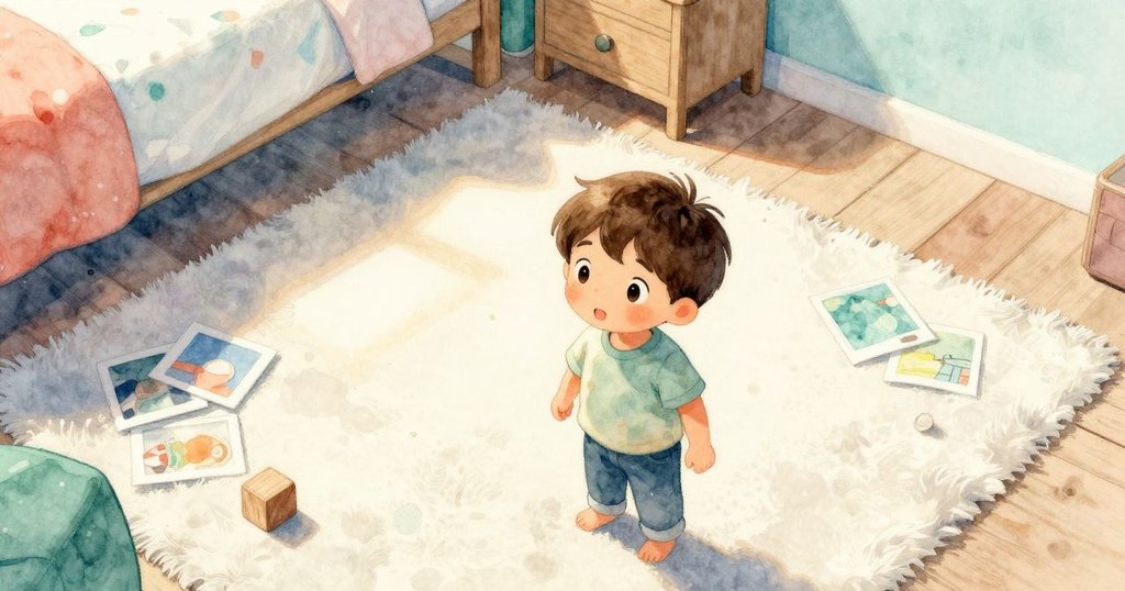 艾力坐在鋪著柔軟花紋地毯的房間中，從上方視角展示散落的繪本與帶幹漆點木塊，房間明亮而溫馨