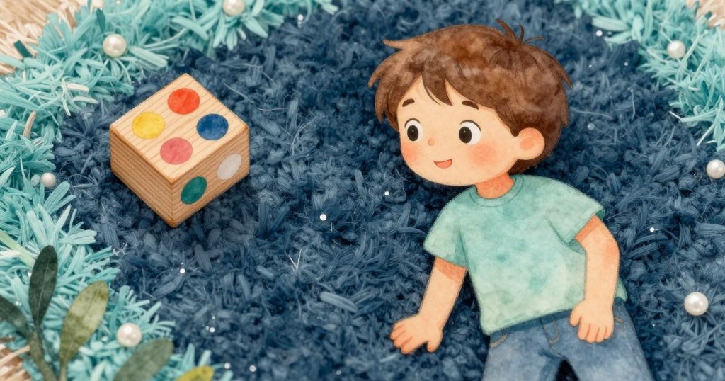 聚焦木塊上幹漆點與地毯細膩織紋，艾力的小手輕觸木塊，呈現房內溫馨細節