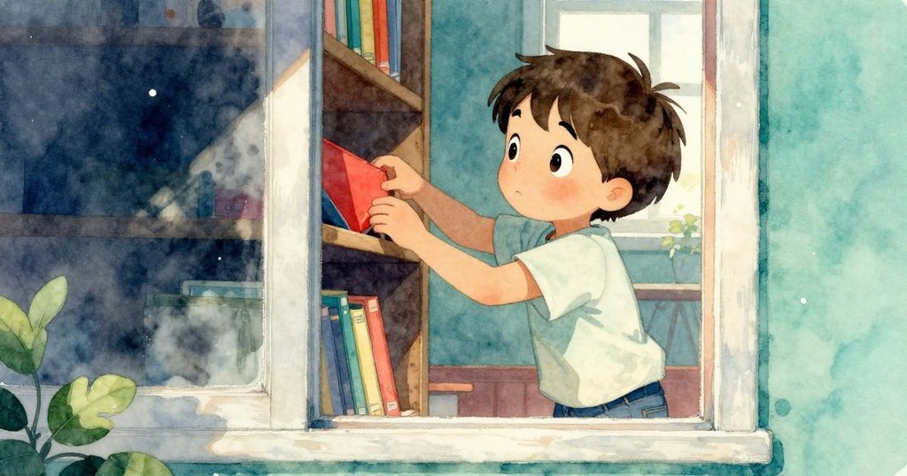 透過窗框望進房內，艾力舉起紅色小冊子並放上書架，窗外晨光照進，動作專注