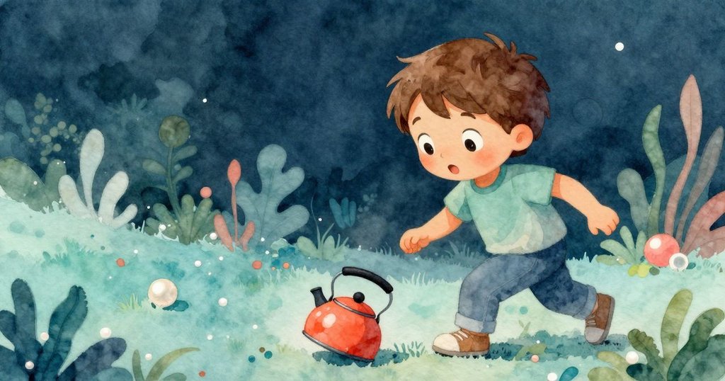 艾力注視著滾動的小茶壺撞上書堆，發出輕響後停止，他表情驚訝與從容並舉手將其放旁