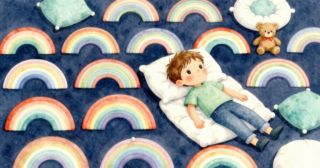 整理完書架上形成彩虹般書脊後，艾力在柔軟抱枕間靜坐休息，身旁放著可愛布偶熊，氛圍寧靜