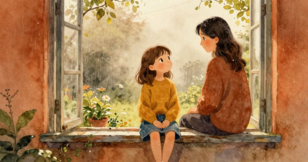 Maeve 坐在老舊窗座上，凝望著迷霧中的花園，初春細雨營造寧靜氛圍，展現溫馨開篇