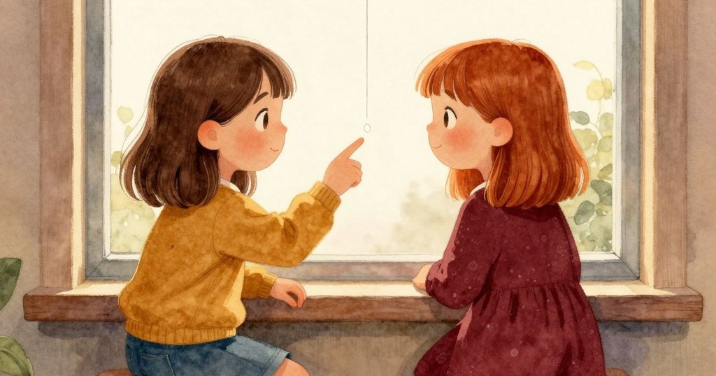 Maeve 與 Rhea 在窗前熱情互動，Rhea 熱心指向明顯雨滴線，臉上洋溢著快樂與驚喜，情景生動推進故事