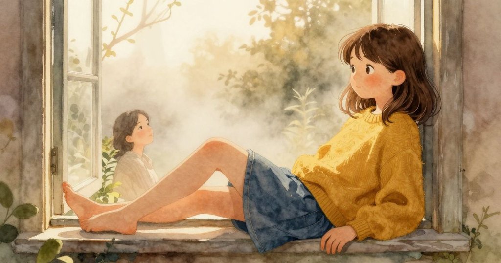 Maeve 靜臥於窗座上，溫柔目光望向逐漸散去的霧氣，內心平靜與新啟在柔光中展現，故事落幕