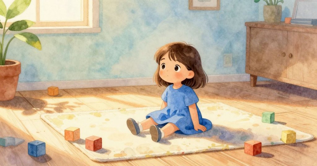 Elise站在柔軟墊子上，房間充滿晨光，木地板上散落著積木，神情充滿好奇與期待